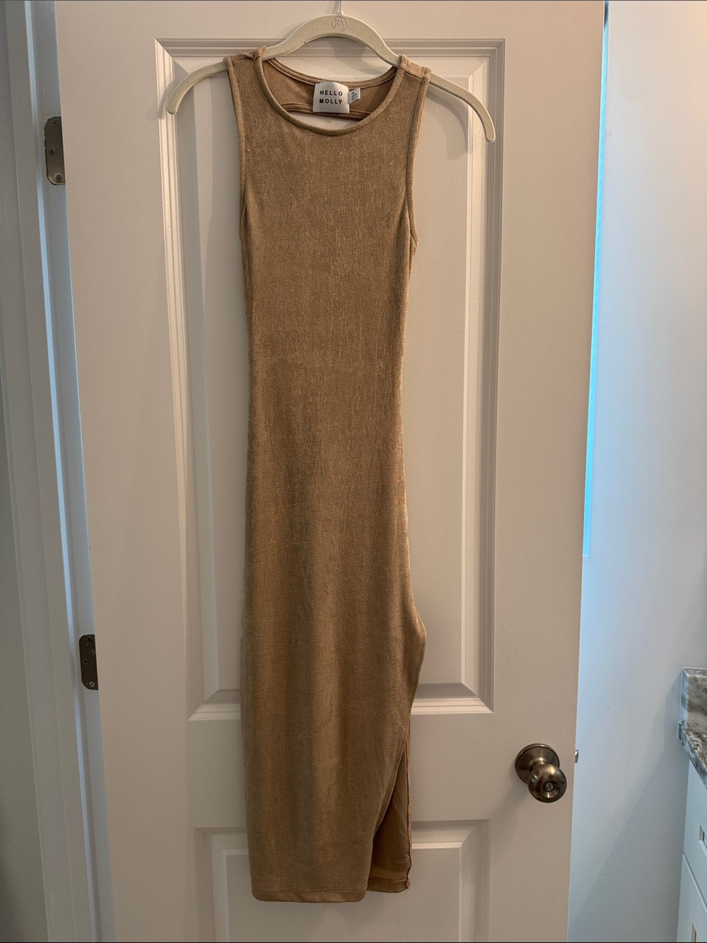Hello Molly Beige Ribbed Tank Maxi Dress with Side Slit